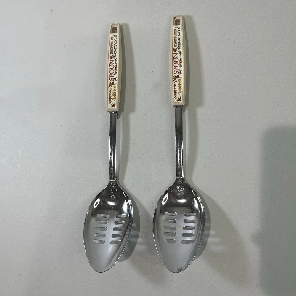 Vintage Ekco 1970's‎ Stainless Steel Long Slotted Spoons Lot 2 Floral SPOON